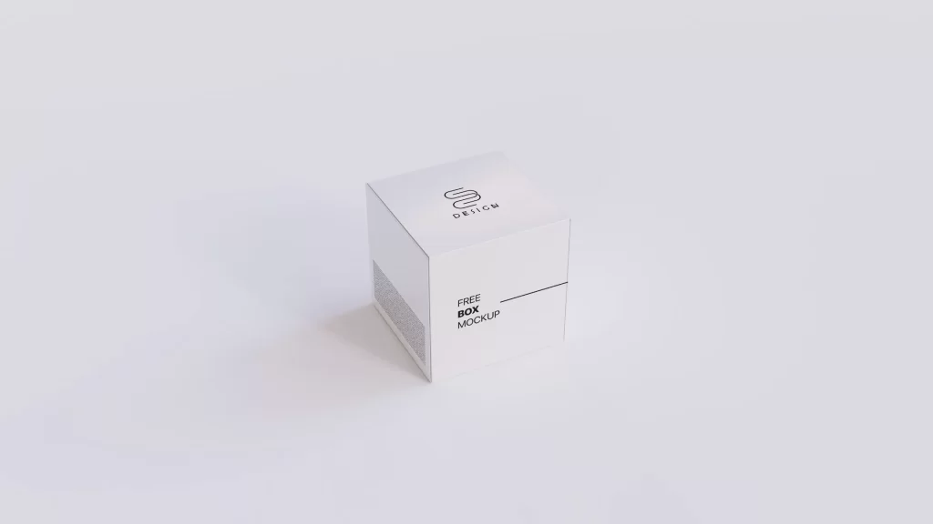 Pristine white square product box mockup sitting on a matching light background with soft, realistic studio shadows.